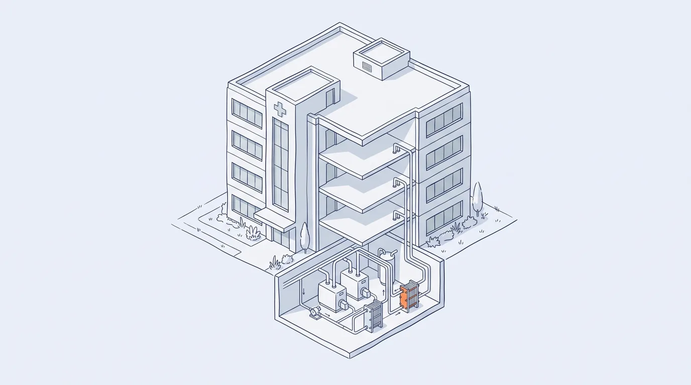 Hospital building with a cut-away plant room