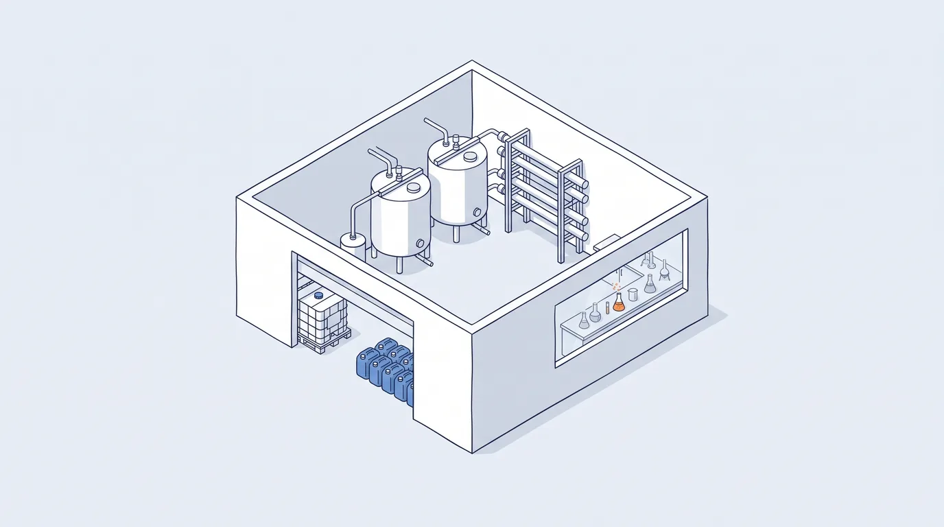 Chemical production plant with laboratory, illustration