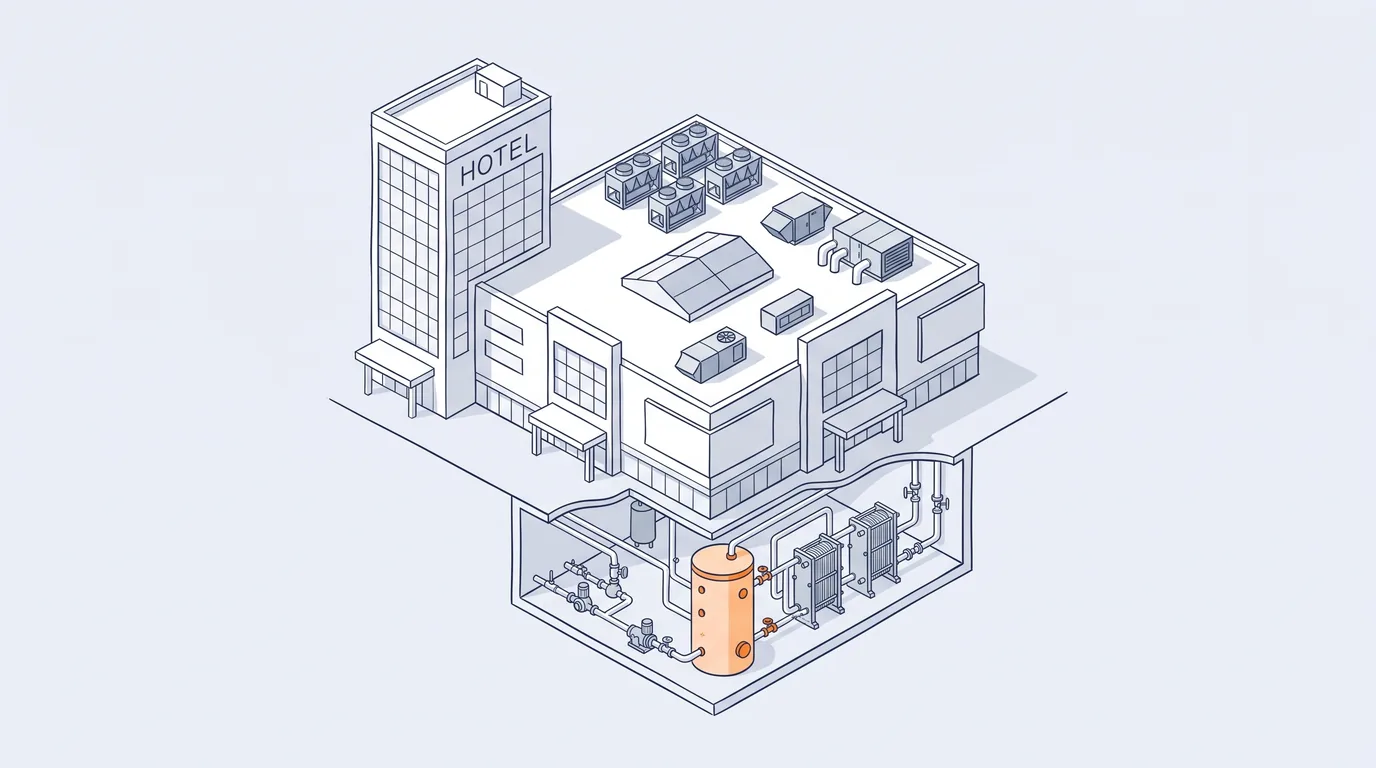 Hotel tower and mall with rooftop chillers and a basement plant room
