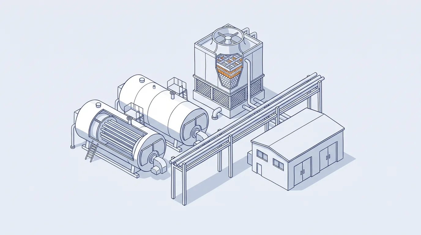 Industrial plant with steam boilers and a cooling tower