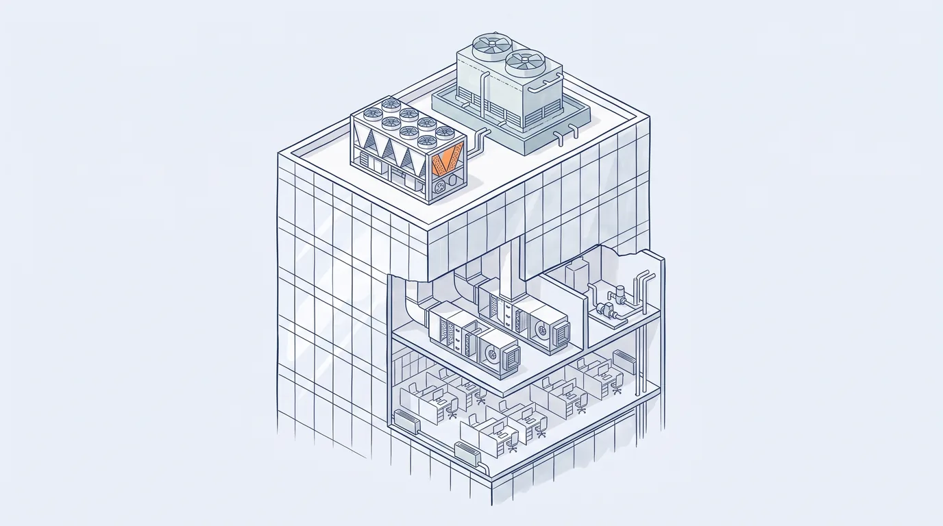 Glass tower with rooftop chiller and cooling tower, cut-away technical floor