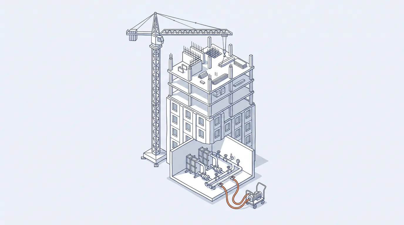 High-rise under construction with a new plant room being flushed